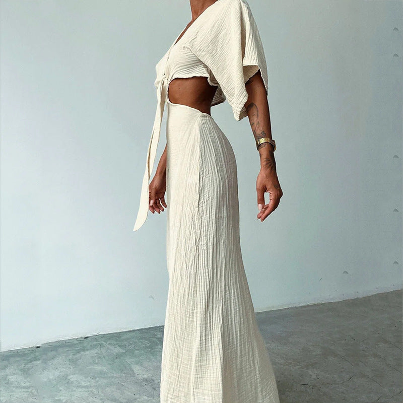 Women's Maxi Dress with Front Tie, Cutout, and Fitted Top