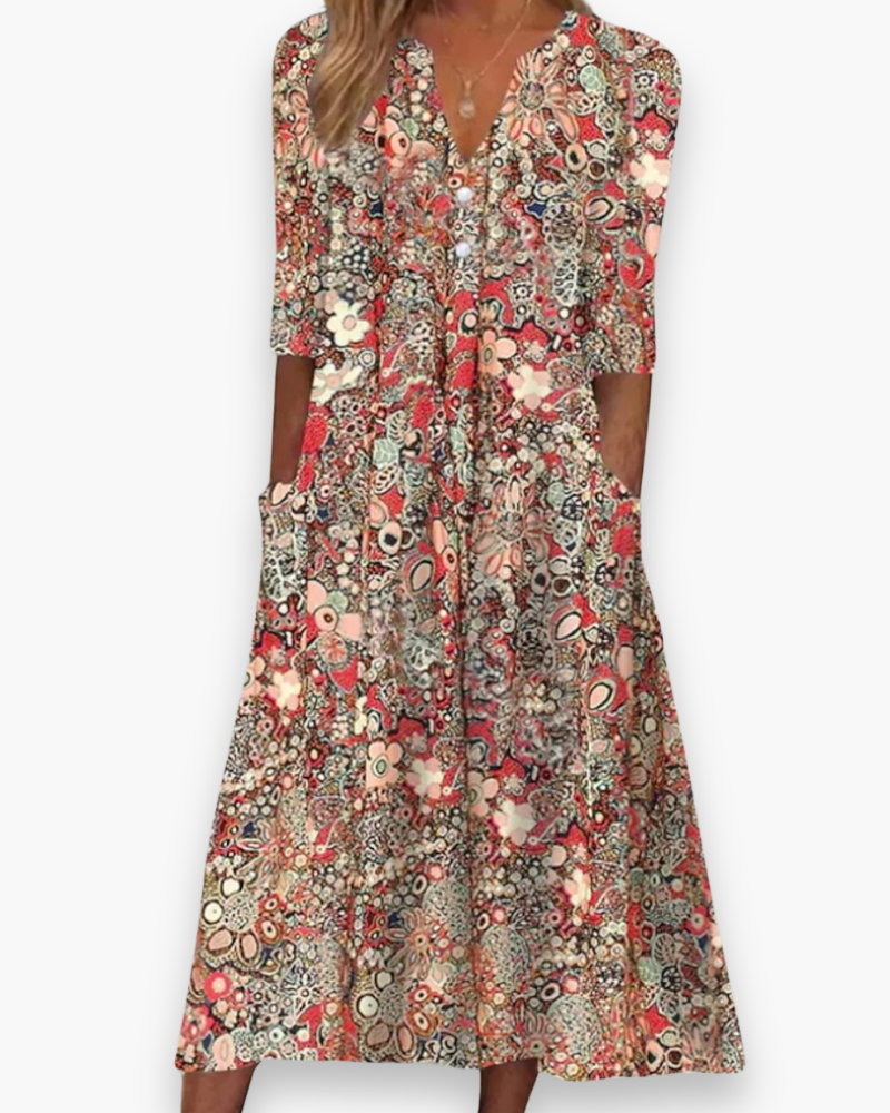 Damska Sukienka Midi Boho z Kwiatowym Motywem