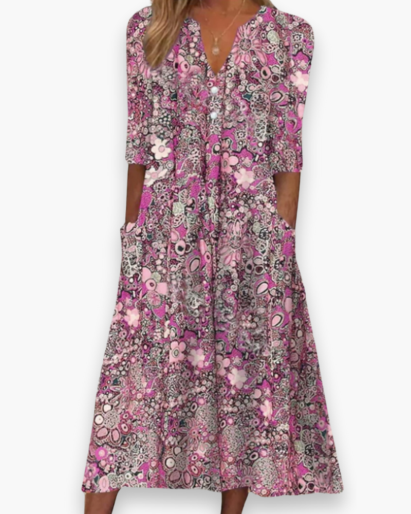 Damska Sukienka Midi Boho z Kwiatowym Motywem