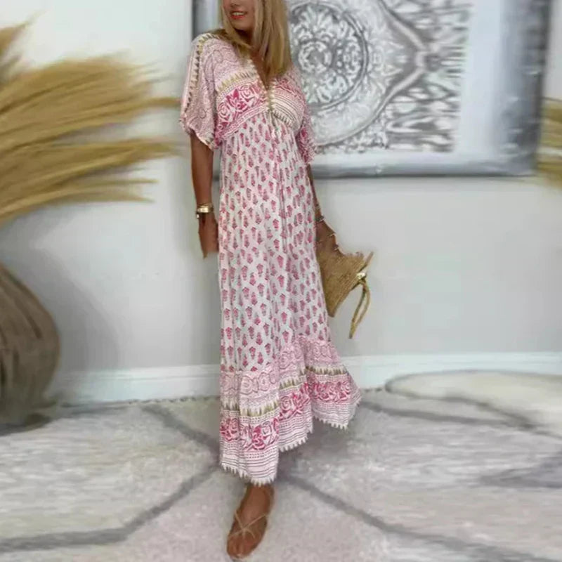 Damska Sukienka Maxi z Wzorem Boho i Luźnym Krojem