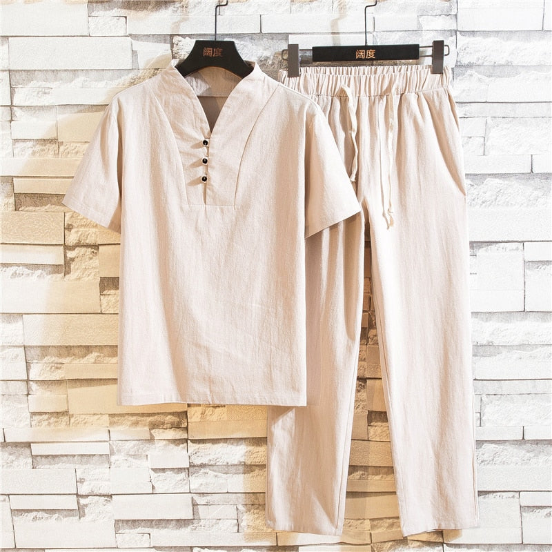Men's Summer Linen Set with Breathable Shirt and Pants