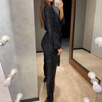 Elegancki Damski Błyszczący Kombinezon z Wysoką Talią