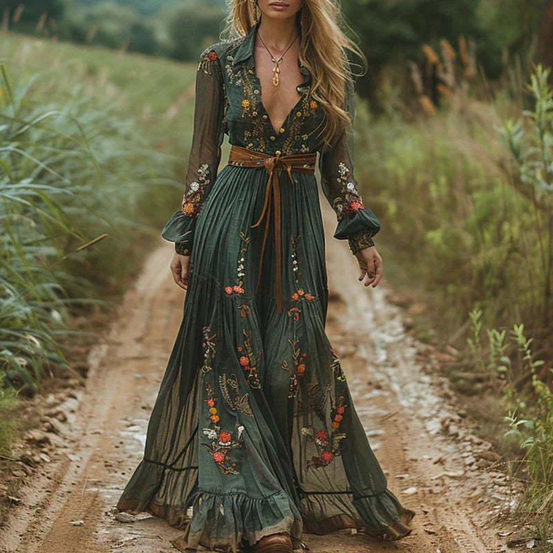Damen Boho-Maxikleid mit Stickerei, V-Ausschnitt und gebundener Taille