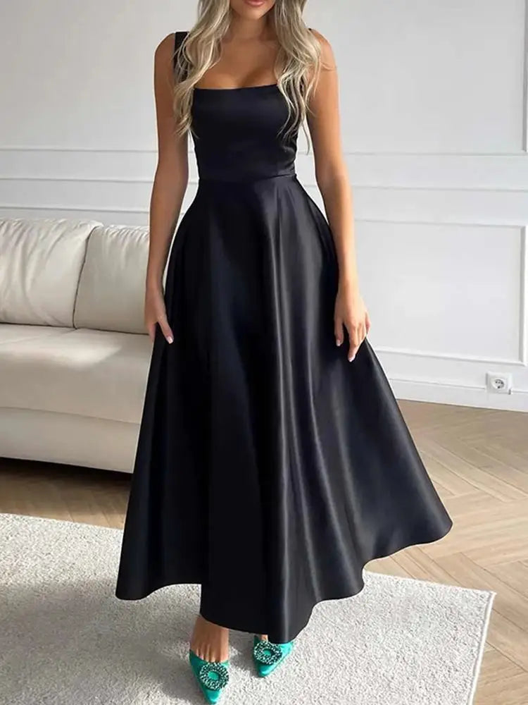 Elegancka Damska Maxi Sukienka z Kwadratowym Dekoltem