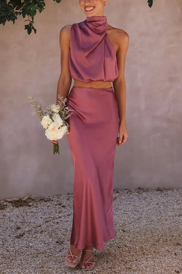 Damska Sukienka Satynowa Halter Maxi o Zwiewnej Konstrukcji