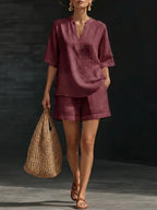 Damen zweiteiliges Sommer-Set mit Bluse und Shorts