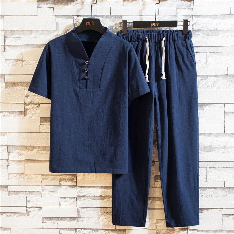 Men's Summer Linen Set with Breathable Shirt and Pants