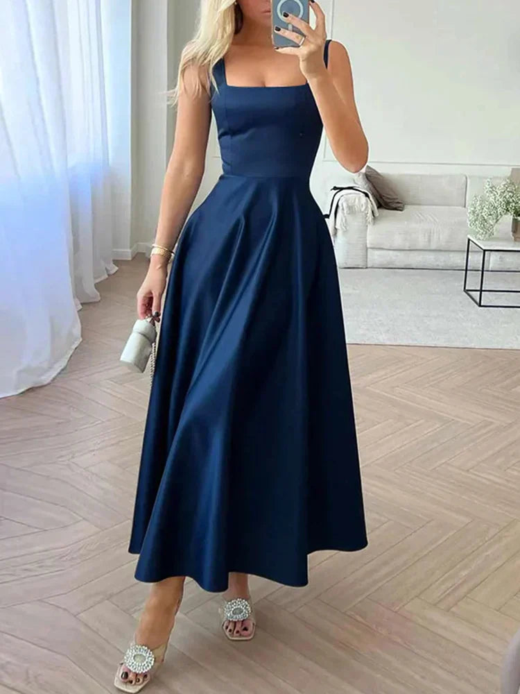 Elegancka Damska Maxi Sukienka z Kwadratowym Dekoltem