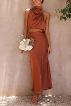 Damska Sukienka Satynowa Halter Maxi o Zwiewnej Konstrukcji