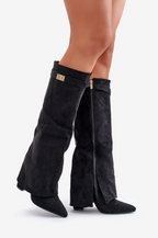 Damen hohe Stiefel mit Klappe, elegante zeitlose Schuhe