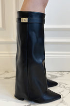 Damen hohe Stiefel mit Klappe, elegante zeitlose Schuhe