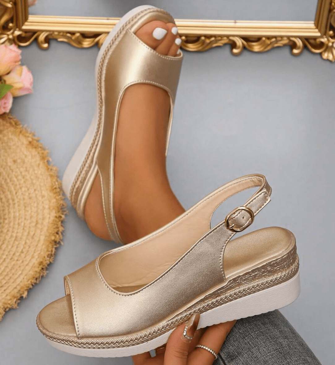 Damskie Sandały na Koturnie z Regulowanym Paskiem Slingback