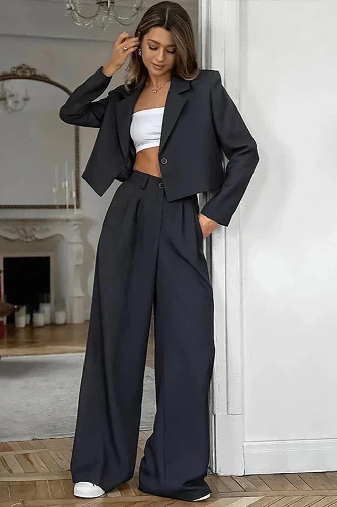 Damen Zweiteiliges Set mit Kurzem Blazer und Weiten Hosen
