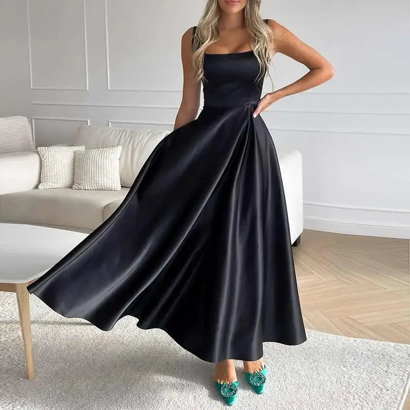 Elegancka Damska Maxi Sukienka z Kwadratowym Dekoltem