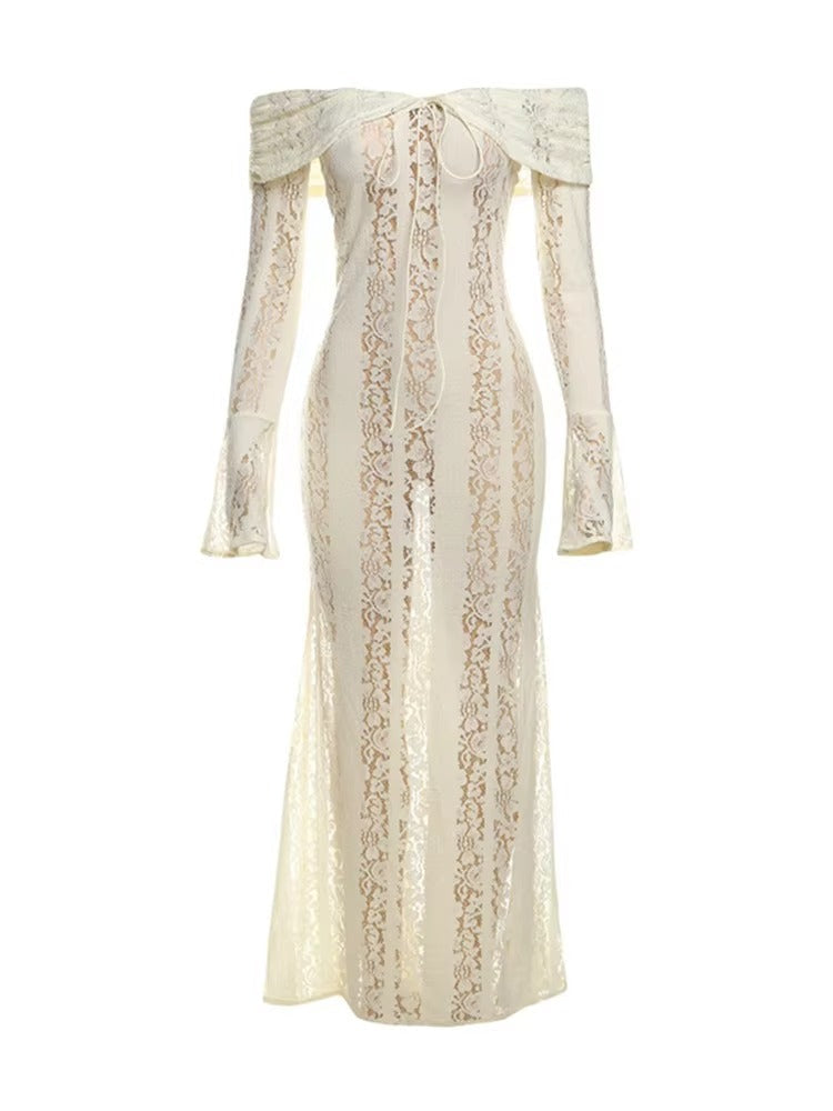 Elegantes Damen Spitzen-Maxikleid mit Carmenausschnitt
