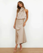 Women's Satin Midi Dress with Halter Neckline