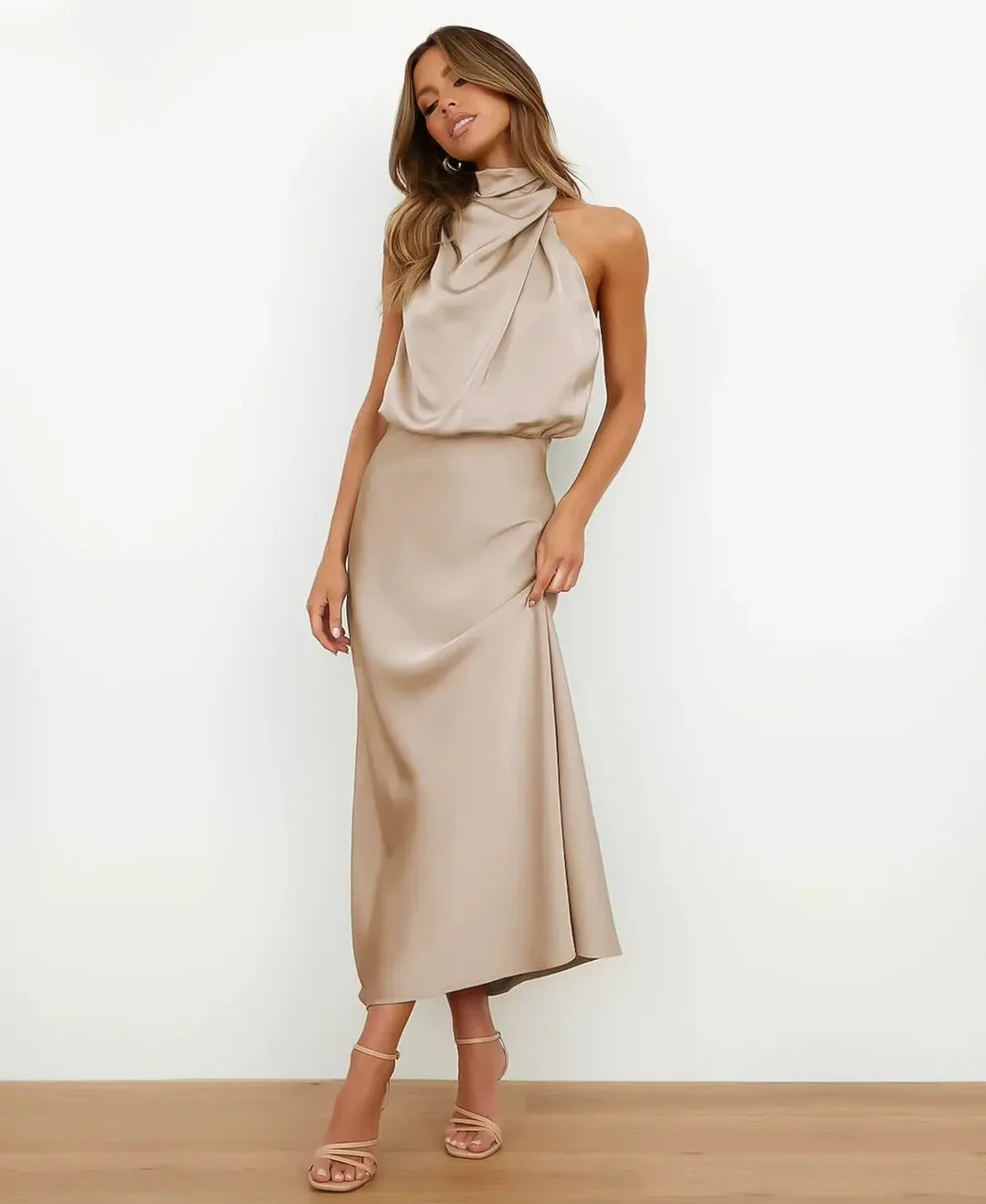 Women's Satin Midi Dress with Halter Neckline