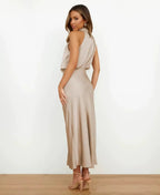 Women's Satin Midi Dress with Halter Neckline