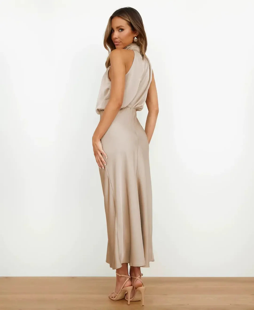 Women's Satin Midi Dress with Halter Neckline