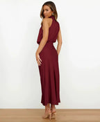 Women's Satin Midi Dress with Halter Neckline