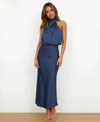 Women's Satin Midi Dress with Halter Neckline