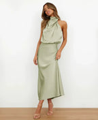 Women's Satin Midi Dress with Halter Neckline