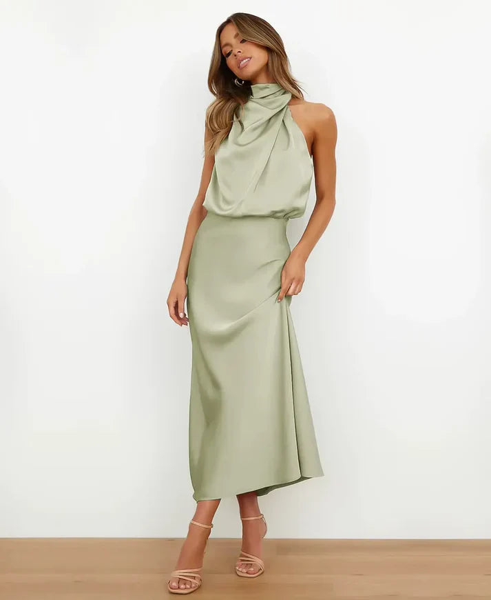 Women's Satin Midi Dress with Halter Neckline