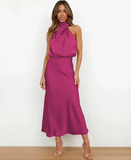 Women's Satin Midi Dress with Halter Neckline