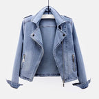 Damska Kurtka Denim o Lekko Skróconym Kroju i Detalach Moto