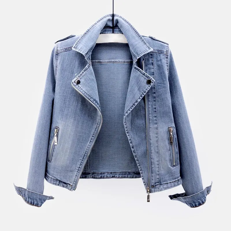 Damska Kurtka Denim o Lekko Skróconym Kroju i Detalach Moto