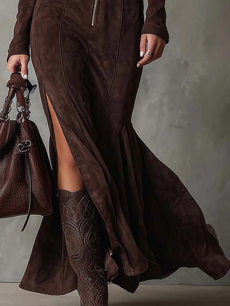 Women's Maxi Dress with Zipper, Belt, and Suede-Look Slit
