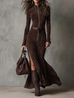 Women's Maxi Dress with Zipper, Belt, and Suede-Look Slit