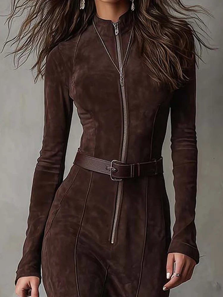 Women's Maxi Dress with Zipper, Belt, and Suede-Look Slit