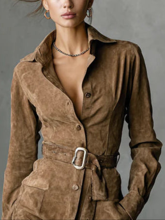 Damen-Midikleid aus Wildlederimitat mit Kragen und einreihiger Knopfleiste  