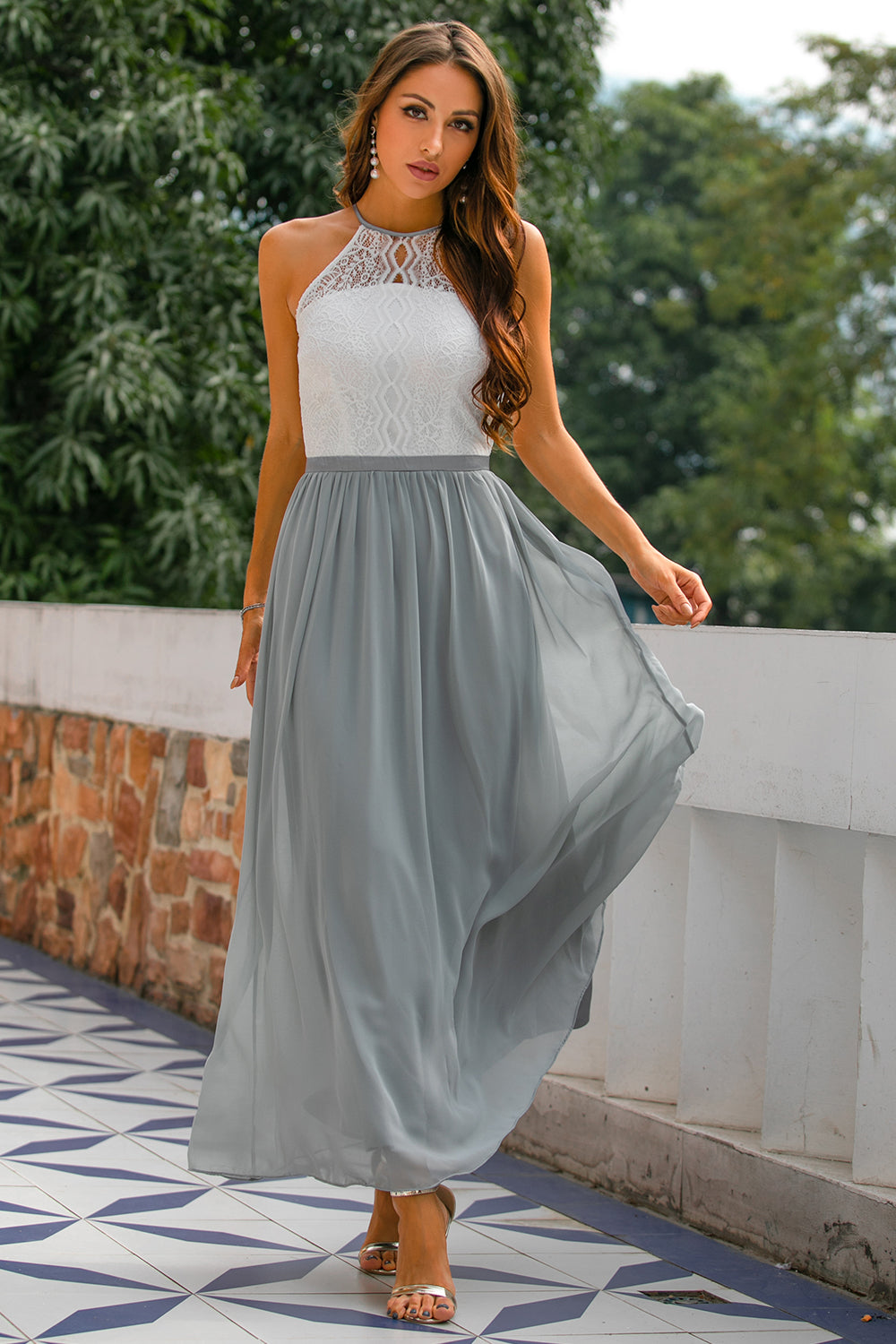 Elegant Maxi Dress with Asymmetric Halter and Layered Silhouette