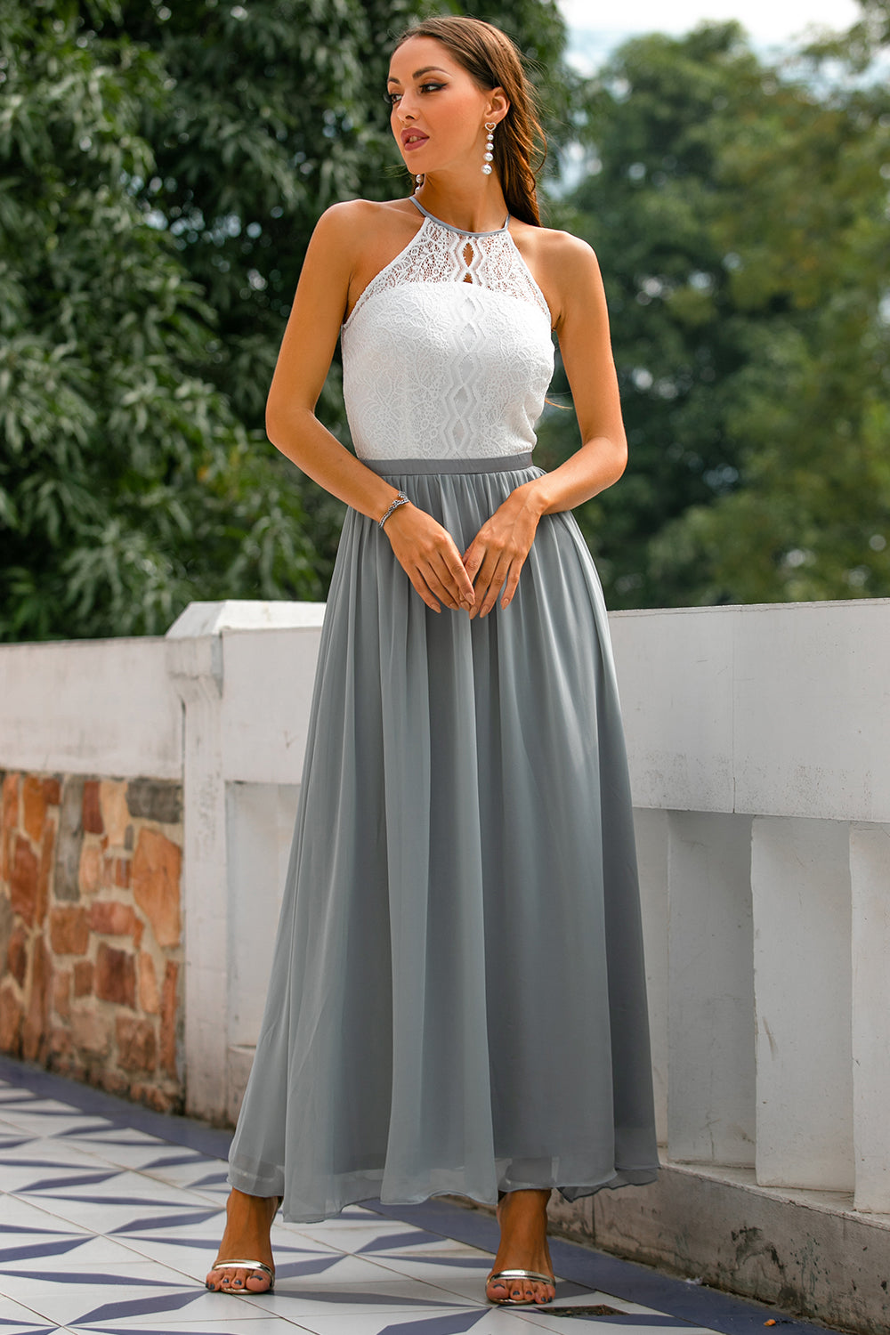 Elegant Maxi Dress with Asymmetric Halter and Layered Silhouette