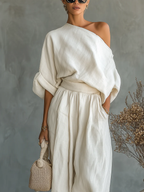 Damen Leinen-Set mit Off-Shoulder-Bluse und Tapered-Hose