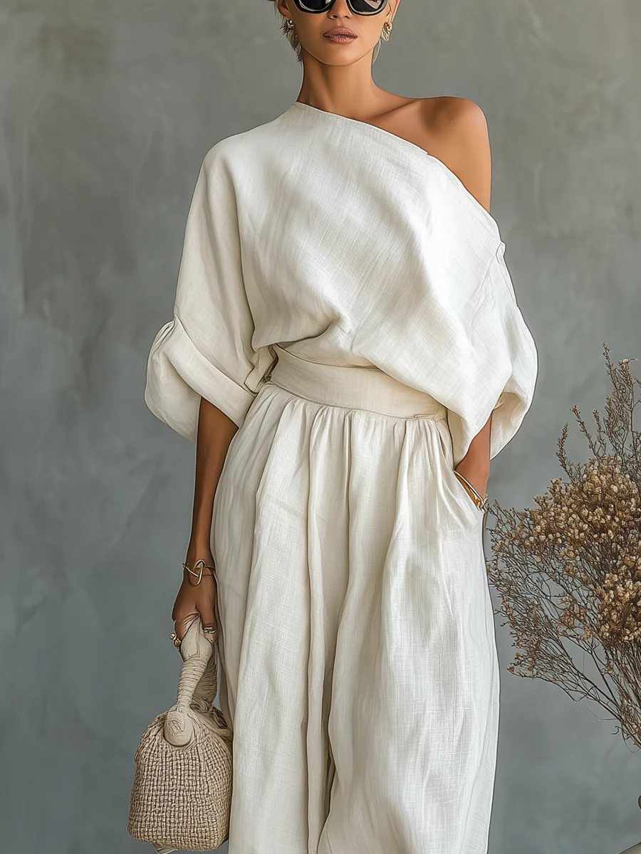 Damski Lniany Zestaw z Bluzką Off‑Shoulder i Spodniami Tapered