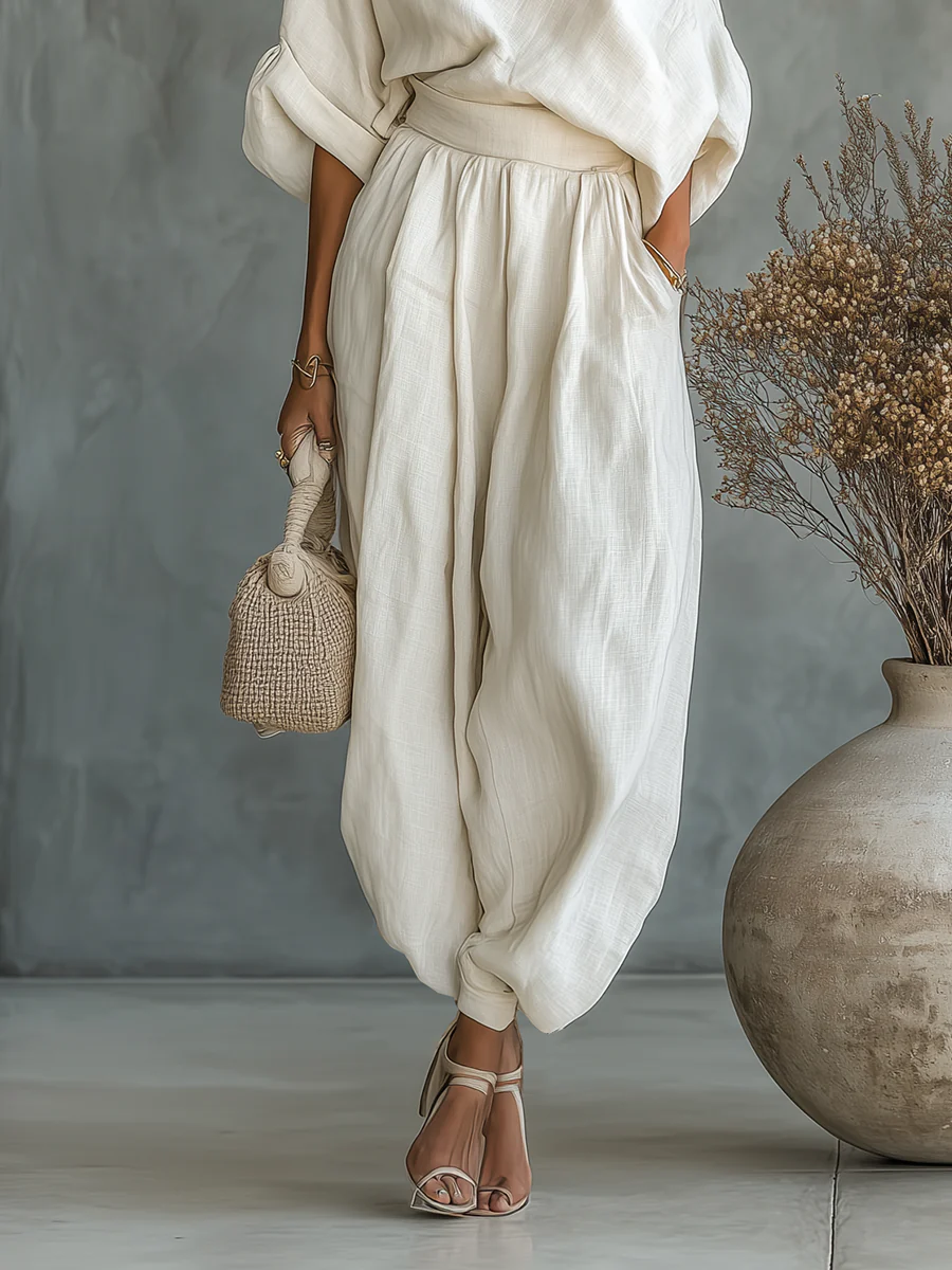 Damski Lniany Zestaw z Bluzką Off‑Shoulder i Spodniami Tapered