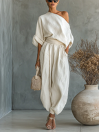 Damen Leinen-Set mit Off-Shoulder-Bluse und Tapered-Hose