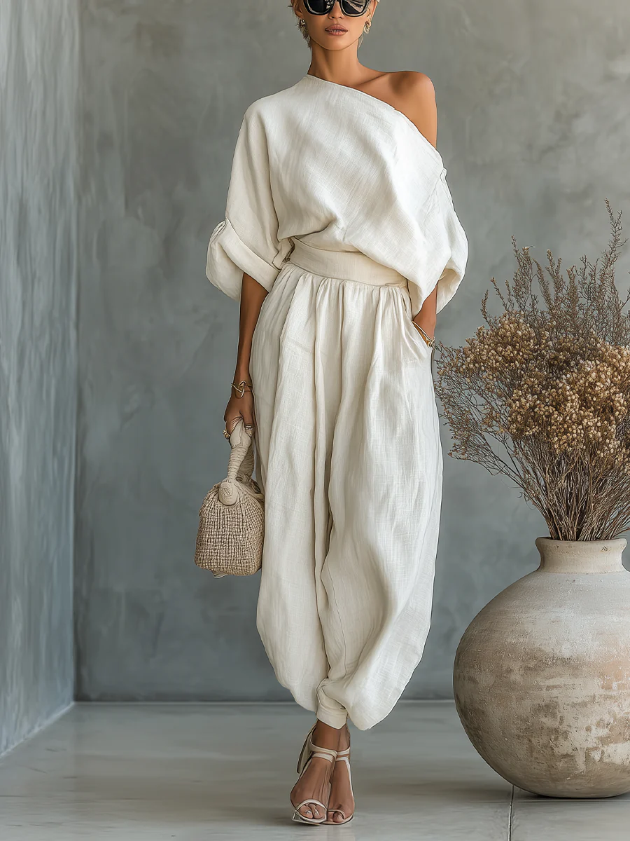 Damski Lniany Zestaw z Bluzką Off‑Shoulder i Spodniami Tapered