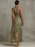 Women's Chiffon Maxi Dress with Floral Motif and Halter Neck