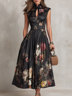 Damen Satin-Midikleid mit plissiertem Saum und Keyhole-Ausschnitt