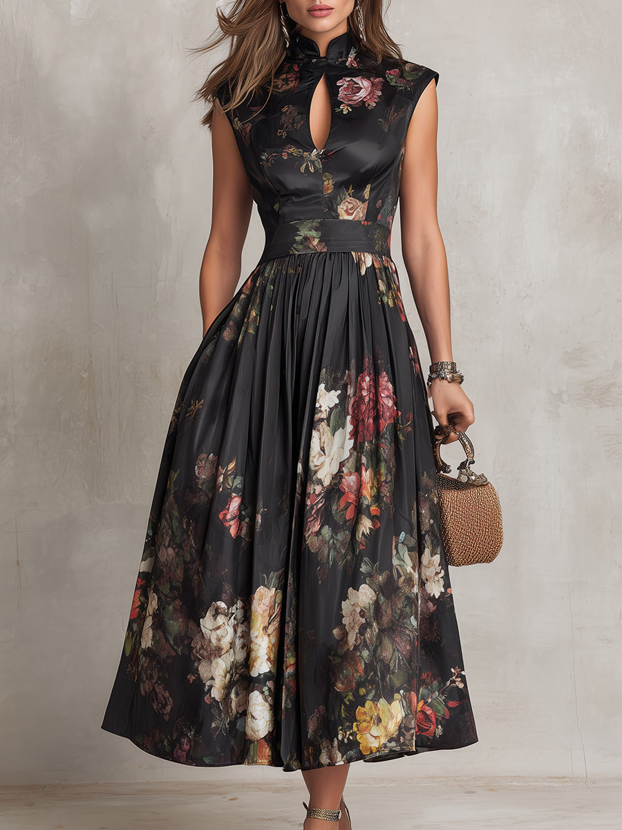Damen Satin-Midikleid mit plissiertem Saum und Keyhole-Ausschnitt