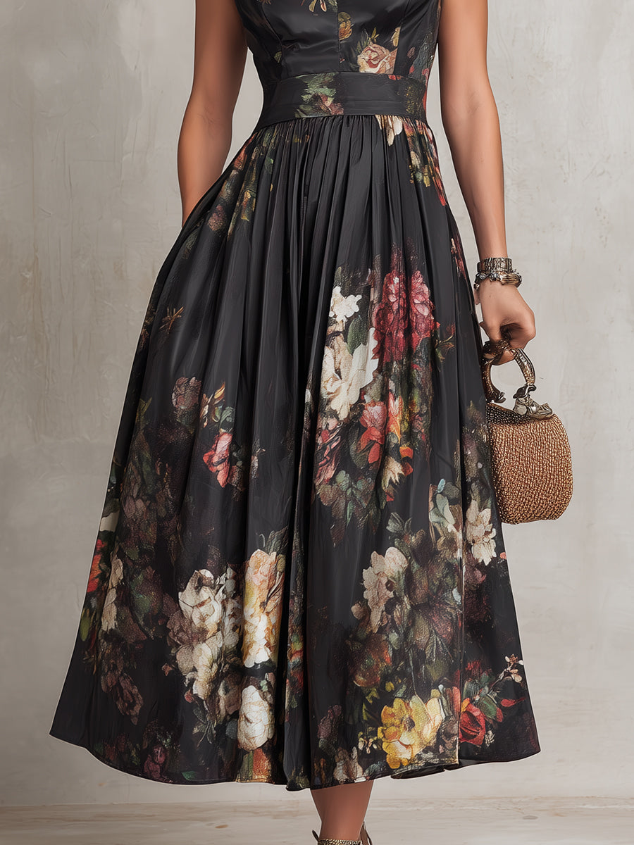 Damen Satin-Midikleid mit plissiertem Saum und Keyhole-Ausschnitt