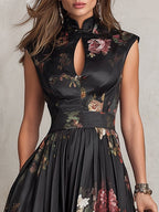 Damen Satin-Midikleid mit plissiertem Saum und Keyhole-Ausschnitt