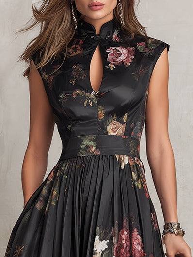 Damen Satin-Midikleid mit plissiertem Saum und Keyhole-Ausschnitt