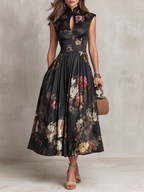Damen Satin-Midikleid mit plissiertem Saum und Keyhole-Ausschnitt