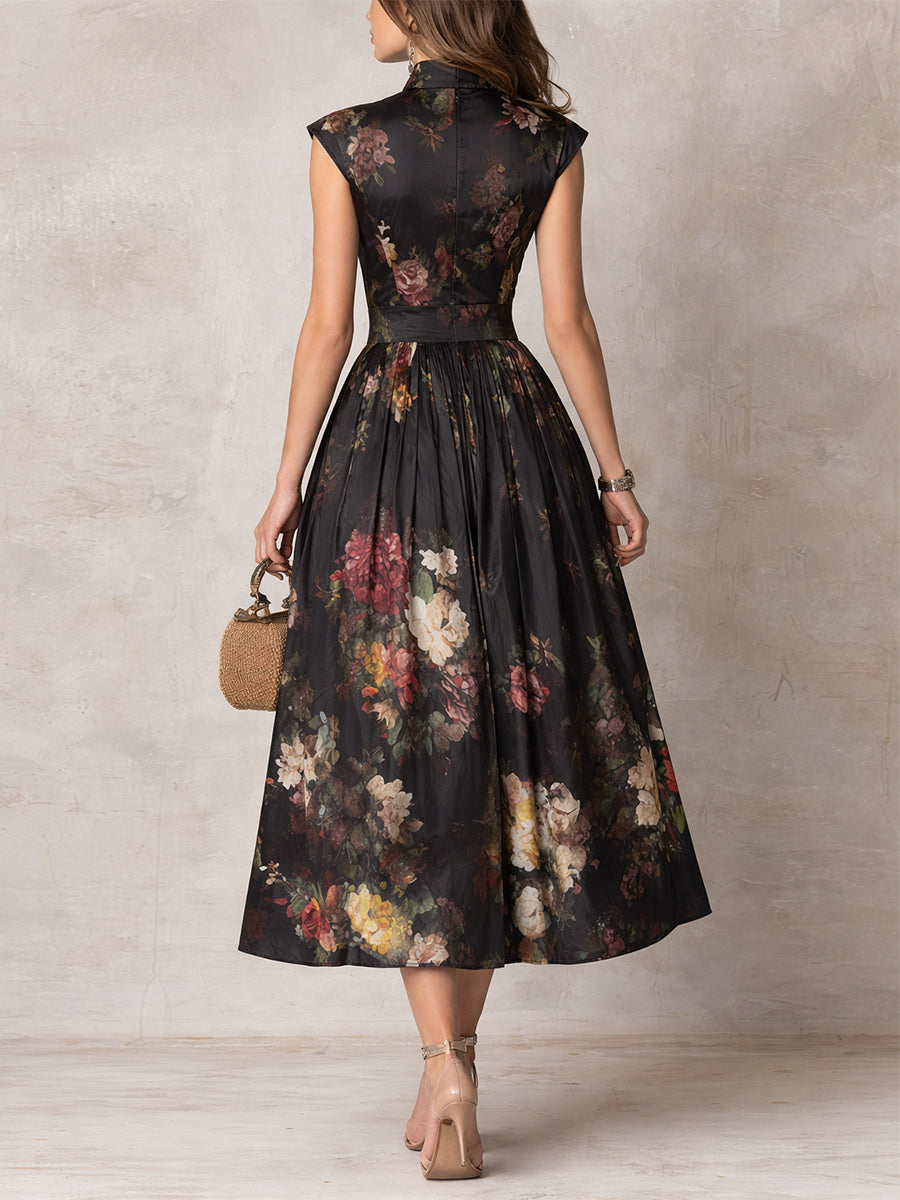 Damen Satin-Midikleid mit plissiertem Saum und Keyhole-Ausschnitt