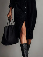 Women's Corduroy Midi Dress with Loose Fit and Bust Pockets